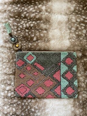 Beaded Aztec Pattern Wristlet Clutch in Mint & Coral